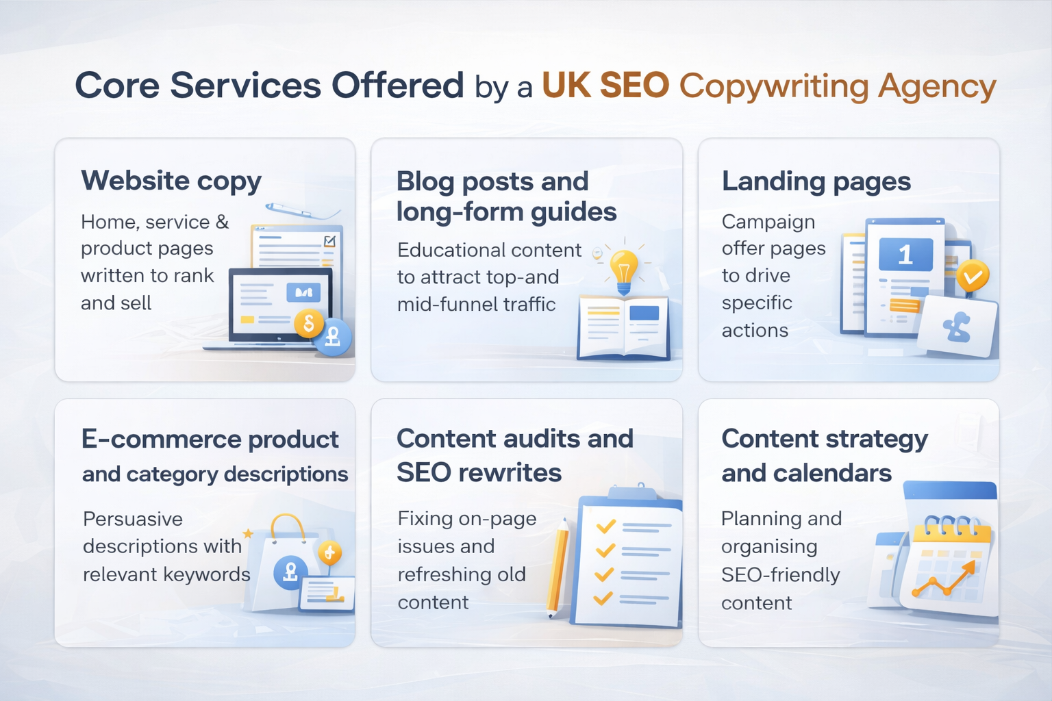Core services offered by a UK SEO copywriting agency including website copy, blogs, landing pages, e-commerce content and SEO audits