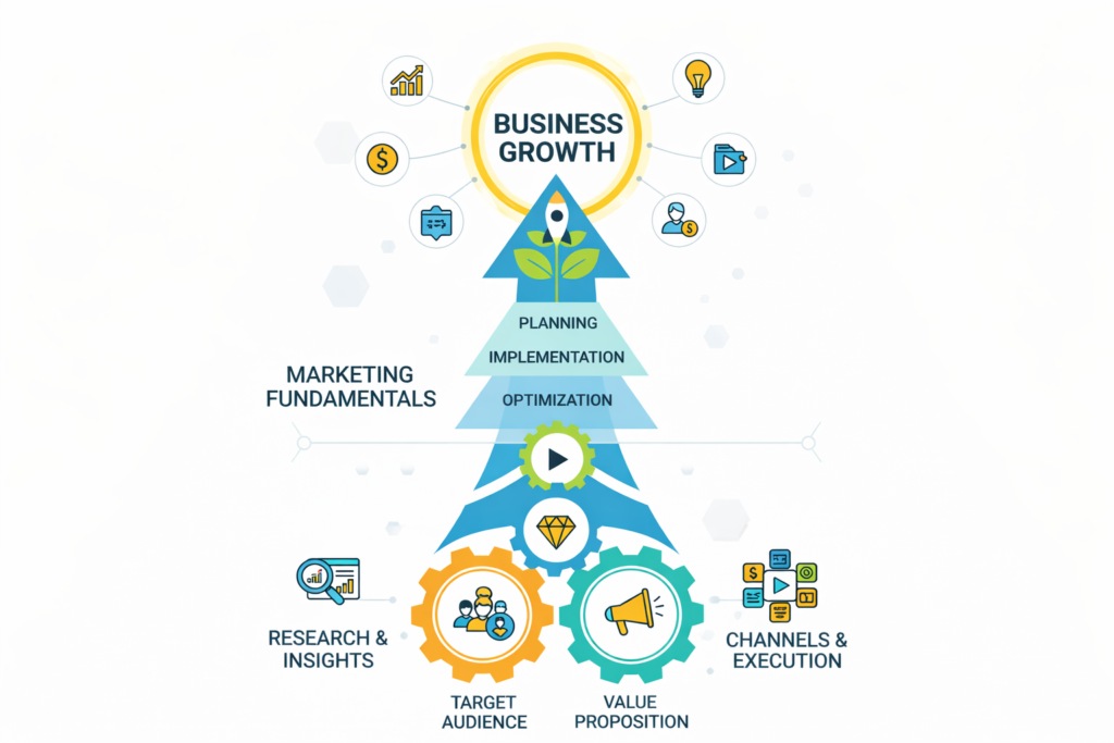 Digital marketing fundamentals including SEO content social media and branding