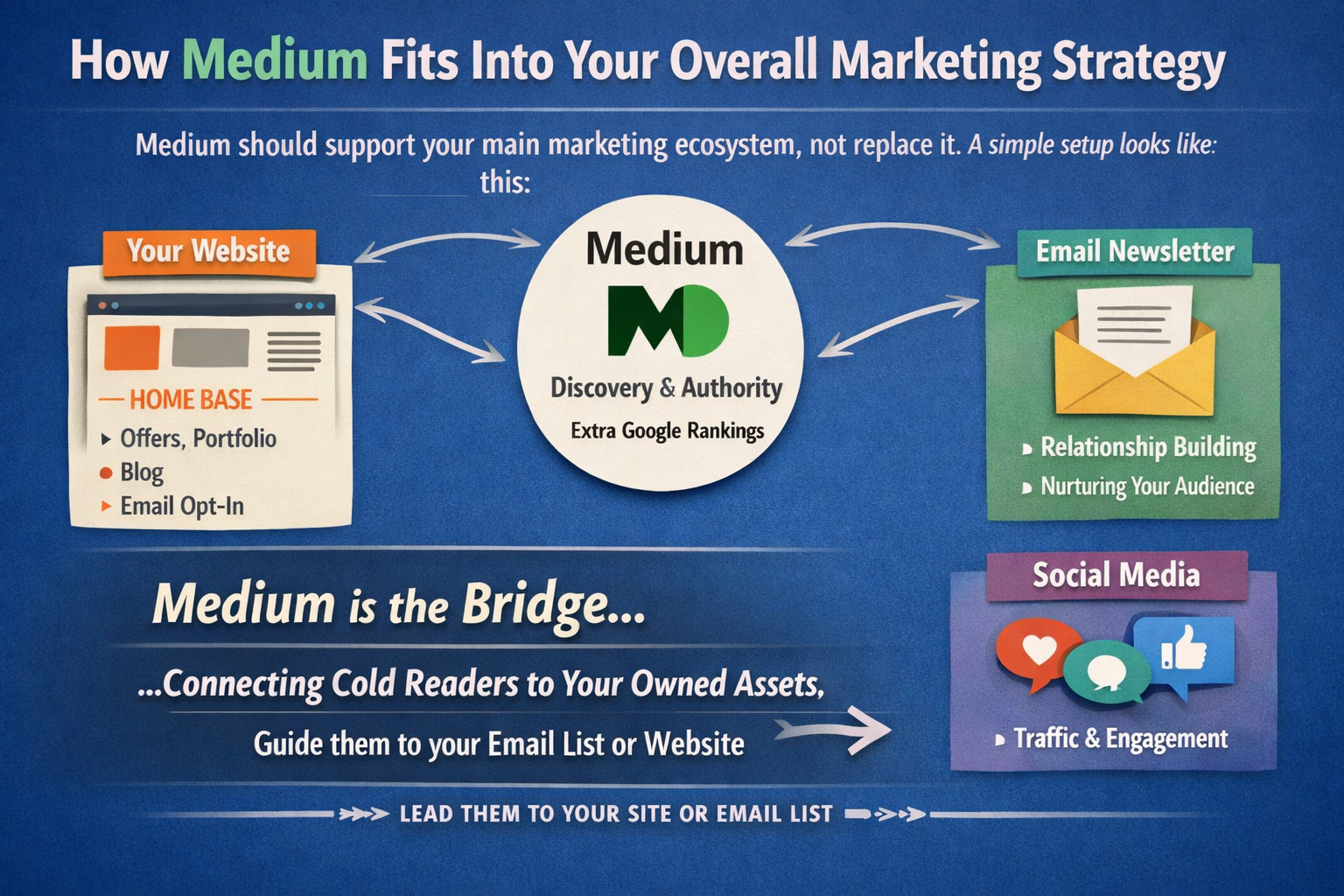 how Medium fits into an overall marketing strategy by connecting a website, email newsletter, and social media, positioning Medium as a bridge for discovery and authority.