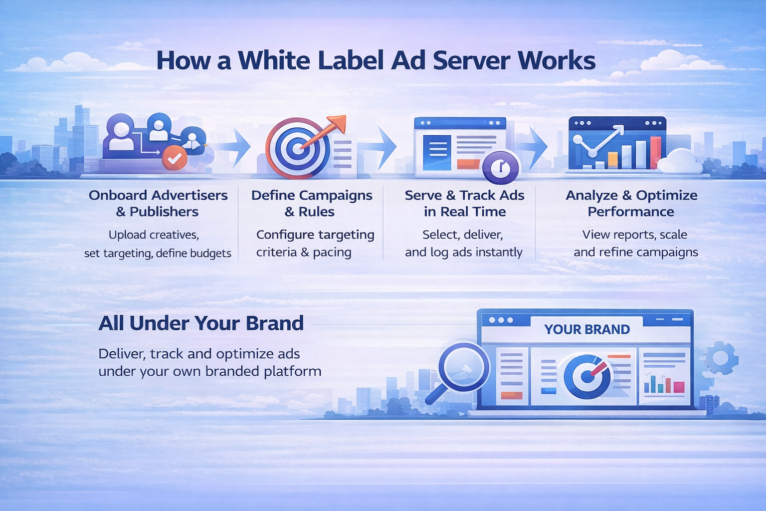 “How a white label ad server works, showing onboarding, campaign setup, real-time ad serving, and performance optimisation.