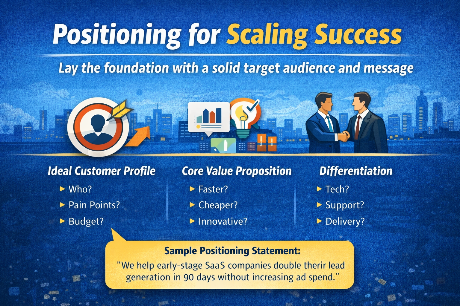 scale up marketing foundations, including ideal customer profile, core value proposition, and brand differentiation.