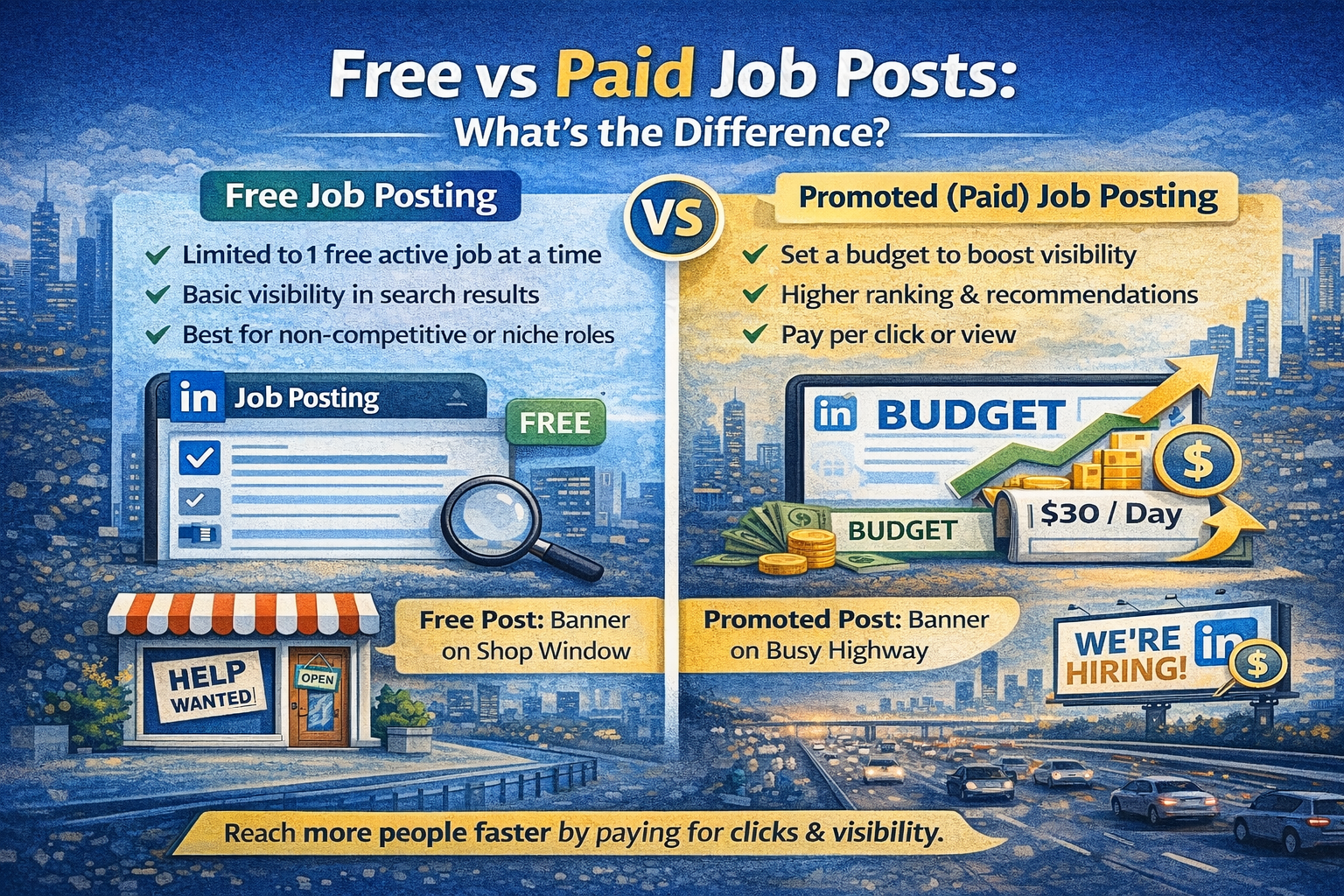 comparing free vs paid LinkedIn job posts, showing basic visibility for free posts, boosted reach and pay-per-click for promoted posts, and the shop window vs busy highway analogy.