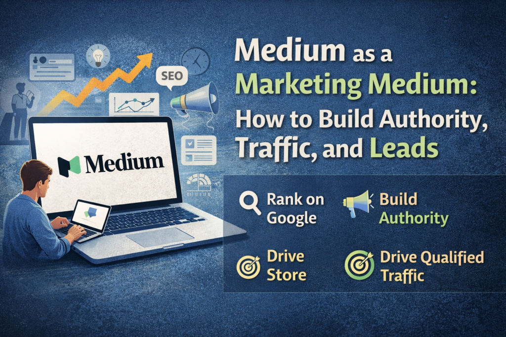 Medium as a marketing medium illustration showing content marketing, SEO growth, authority building, and traffic generation