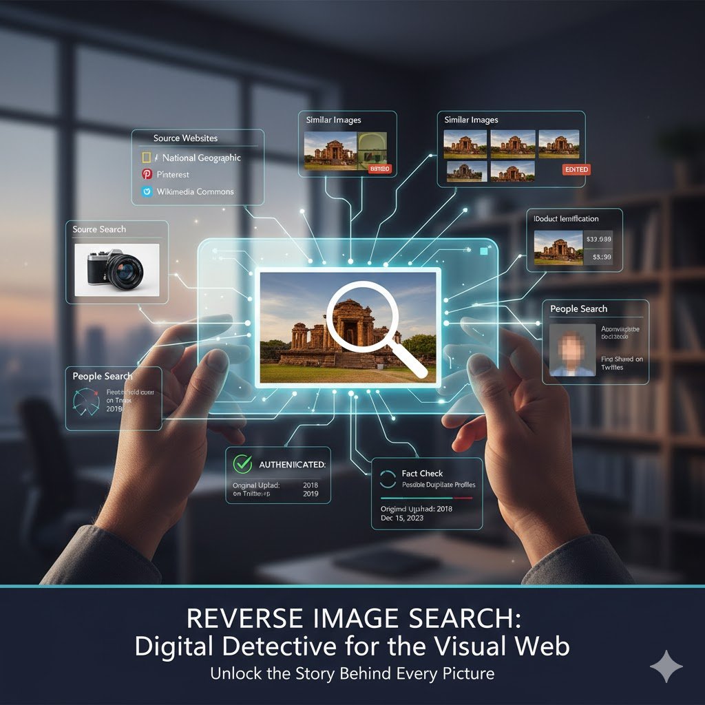 Diagram explaining reverse image search process including image upload, analysis, and source identification.