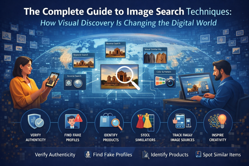 A digital illustration showing reverse image search technology, visual recognition, and image verification using AI to identify photos, products, and online sources.
