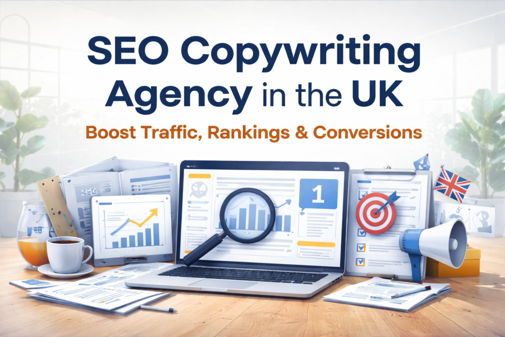 SEO copywriting agency in the UK banner showing laptop, analytics charts, magnifying glass and growth icons